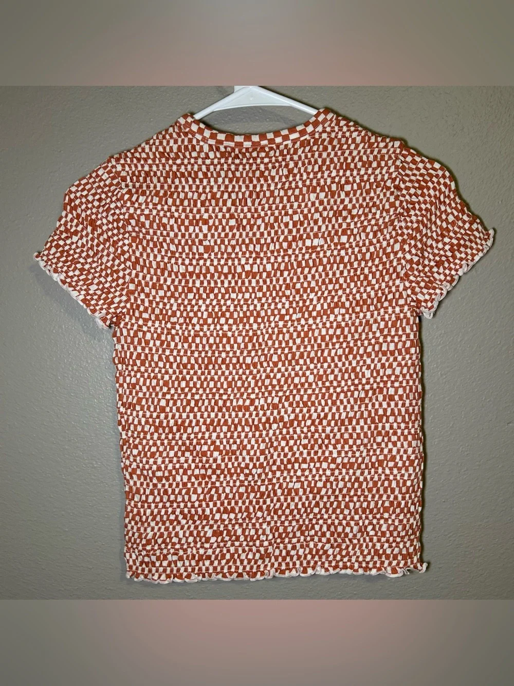 NEW American Eagle Checkered Smocked Short Sleeve T Shirt Women’s Size Medium